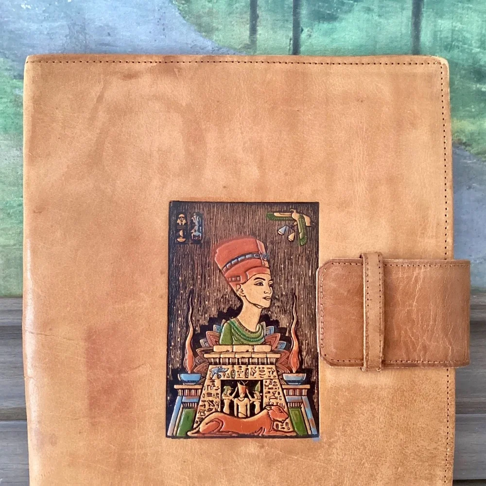 Vtg Egyptian Tooled Painted Leather Notebook Agenda Journal Cover Handcrafted
